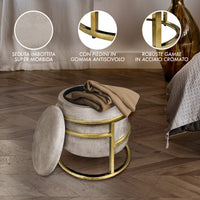 Pouf Contenitore Poggiapiedi Velluto Con Struttura Circolare Cromata Oro Elegante rotondo