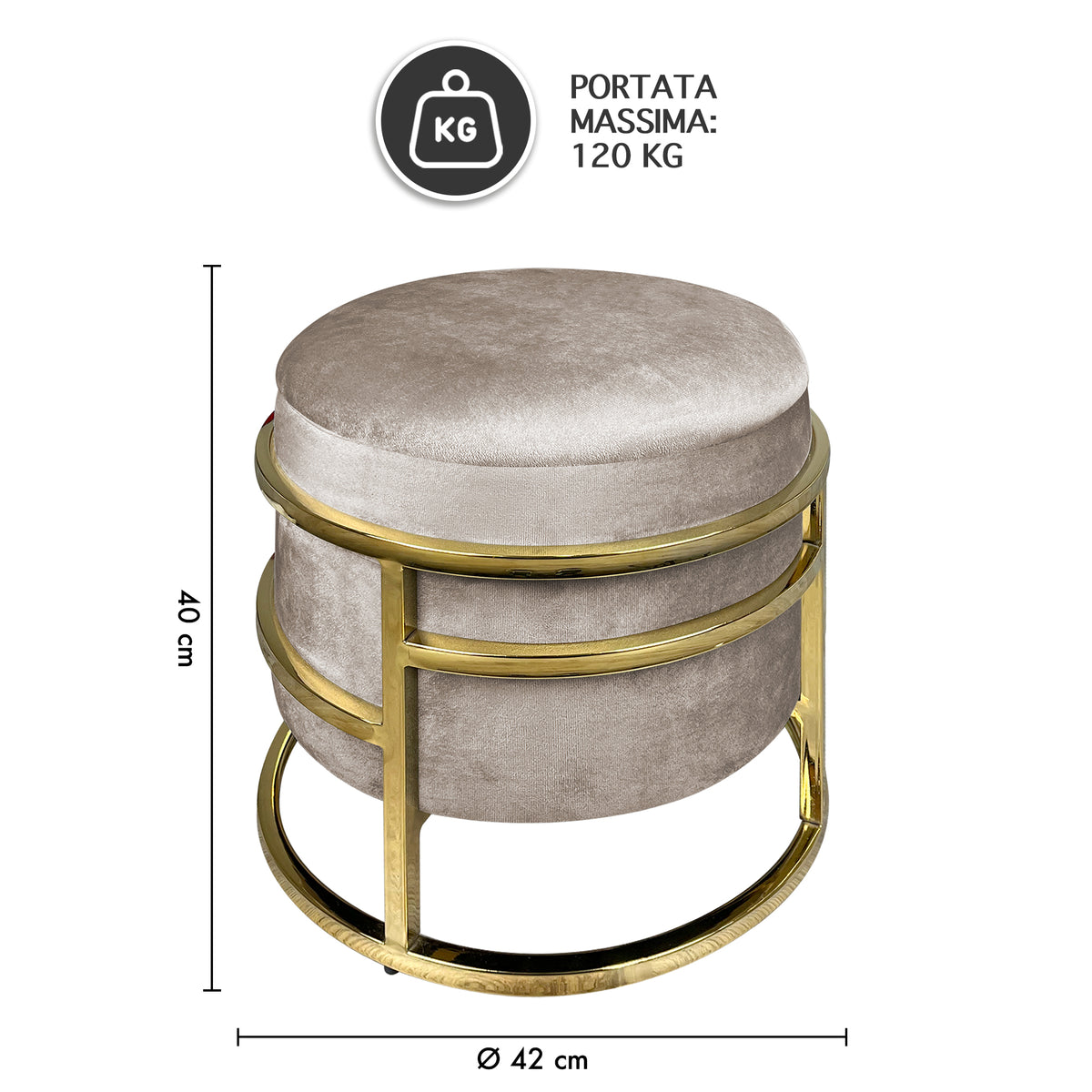 Pouf Contenitore Poggiapiedi Velluto Con Struttura Circolare Cromata Oro Elegante rotondo